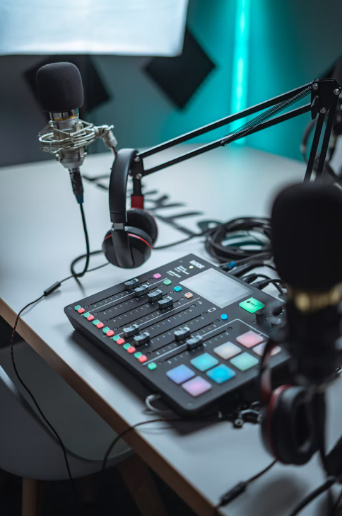 Recording desk with microphones, headphones and an audio mixer